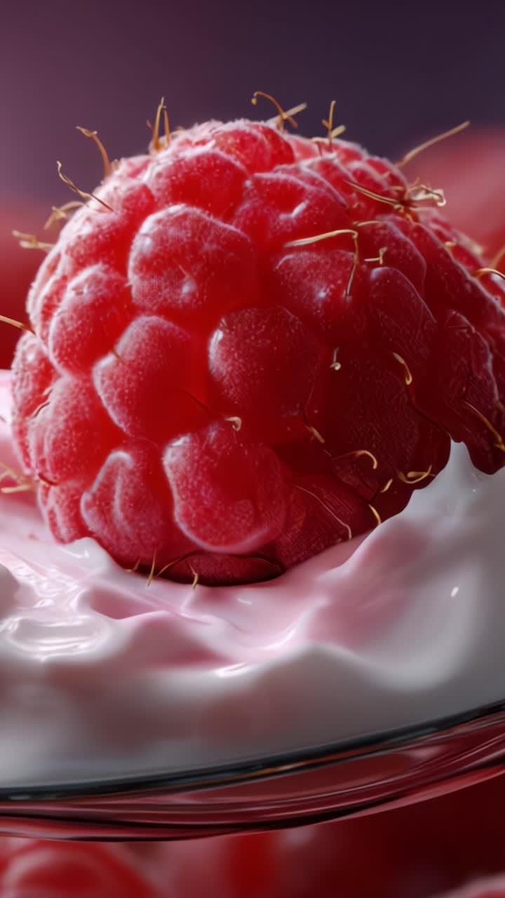 A Close-up of a Juicy Raspberry on Creamy Yogurt, Showcasing the Bright Red Color and Texture of the Fruit Against a Soft Background
