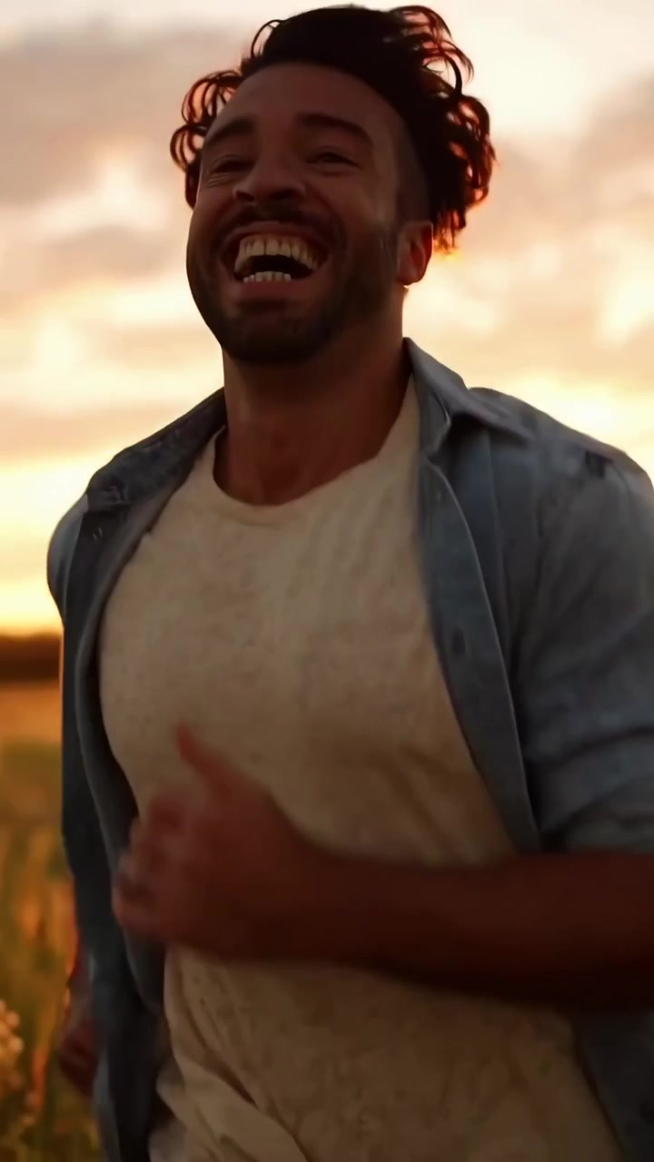 Homem Alegre Correndo e Pulando em um Campo Dourado ao Pôr do Sol