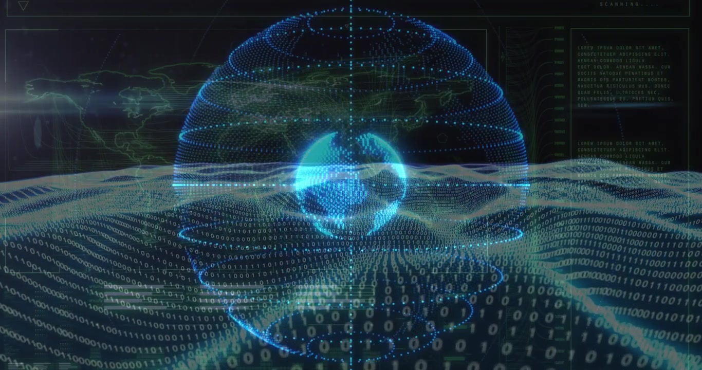 Starting dark HUD binary grid waving globe forming rings rotating cyan band sweeping showing data