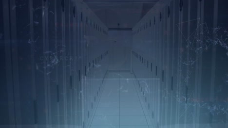 animación del procesamiento de datos de ciberseguridad en una sala de servidores de computadoras vacía