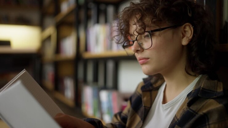 Close up an interested girl with curly hair and glasses sits near shelves with books and reads one in the library