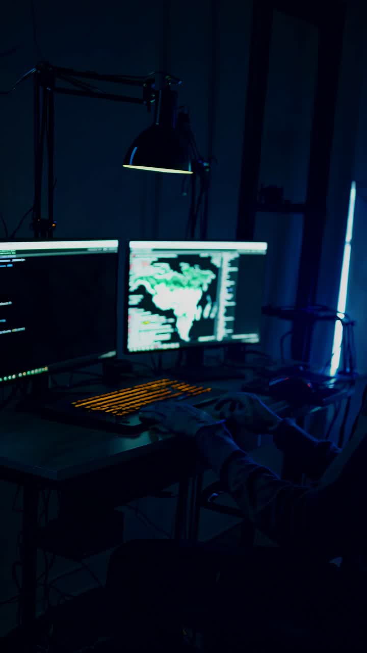 Low-angle shot of a dimly lit workspace with dual monitors displaying code and maps