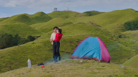 romantic mountain date in sailung, dolakha, nepal, couple camps under lush green landscapes and clear blue skies