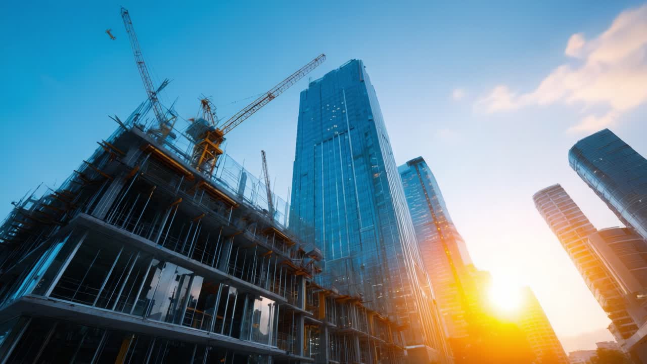 Urban Construction Site: A Glimpse of Modern Architectural Development and Skyscraper Erection Beneath a Vibrant Sunset in a Dynamic City Landscape