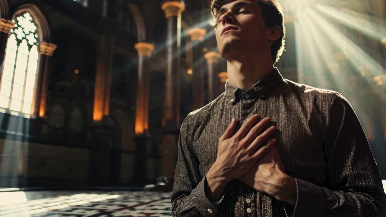 A cinematic video scene with a low-angle shot of a man in a cathedral, hands on chest, bathed