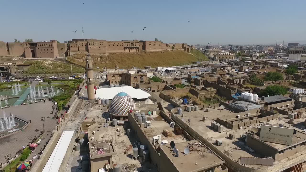 Vista aerea della Cittadella di Erbil e del paesaggio urbano, Iraq