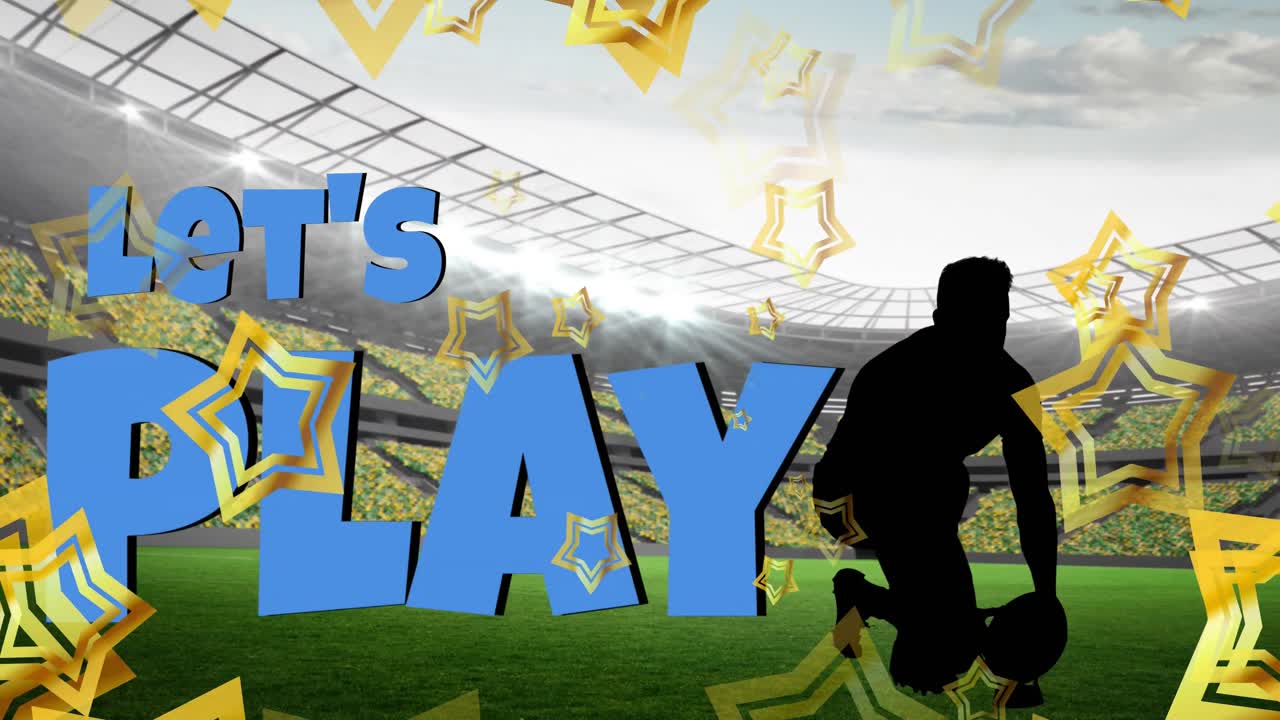 스타의 애니메이션과 스타디움에서 공과 함께 럭비 선수에 대한 텍스트를 재생합니다.