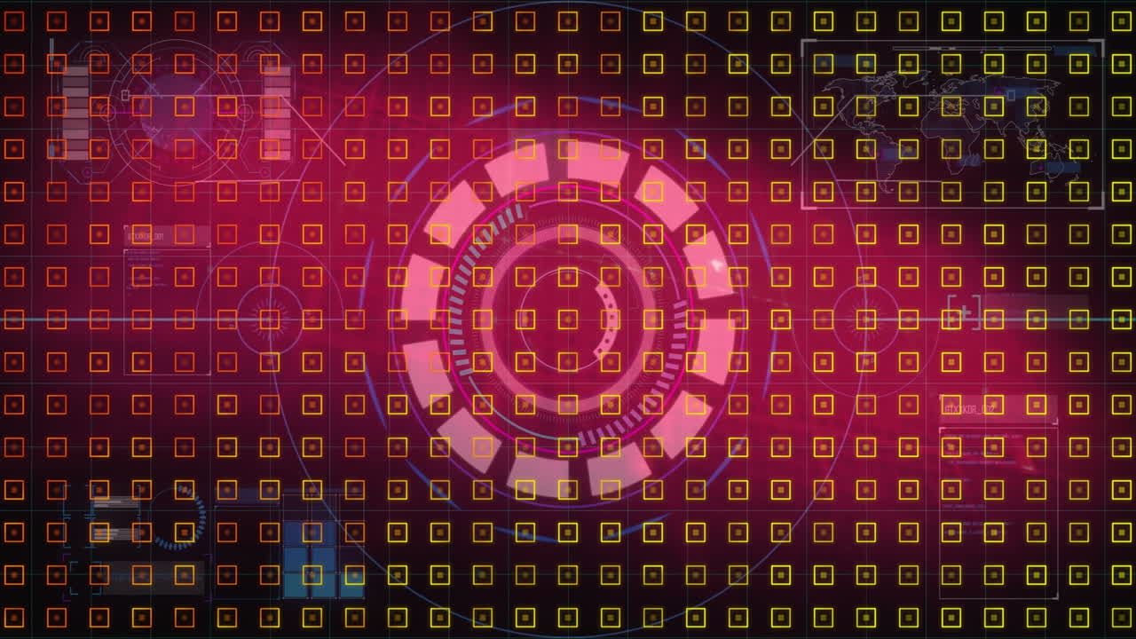 Animation of digital interface with circular pattern on red geometric background