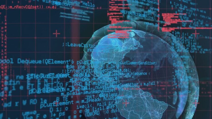 Digital animation of data processing over grid network against spinning globe on blue background
