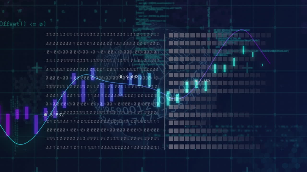 Animation of statistics with financial data processing over blue background