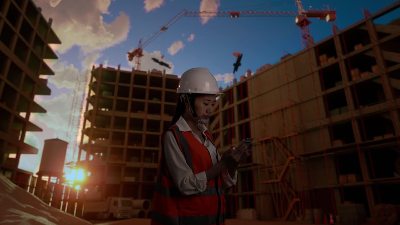 vista lateral de una ingeniera asiática con casco de seguridad usando un teléfono inteligente mientras está de pie en el sitio de construcción, durante la puesta o salida del sol