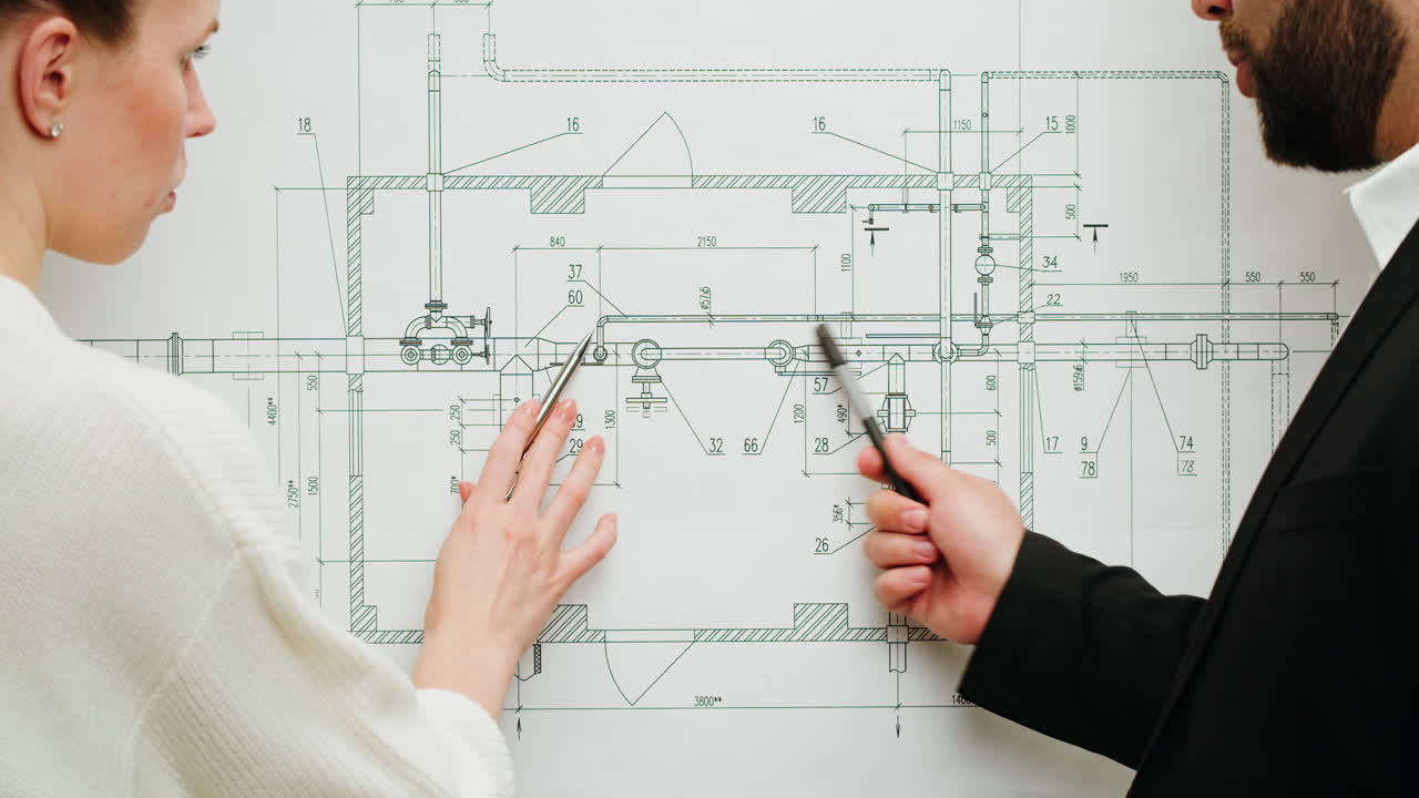 Two professionals discussing an engineering or architectural blueprint