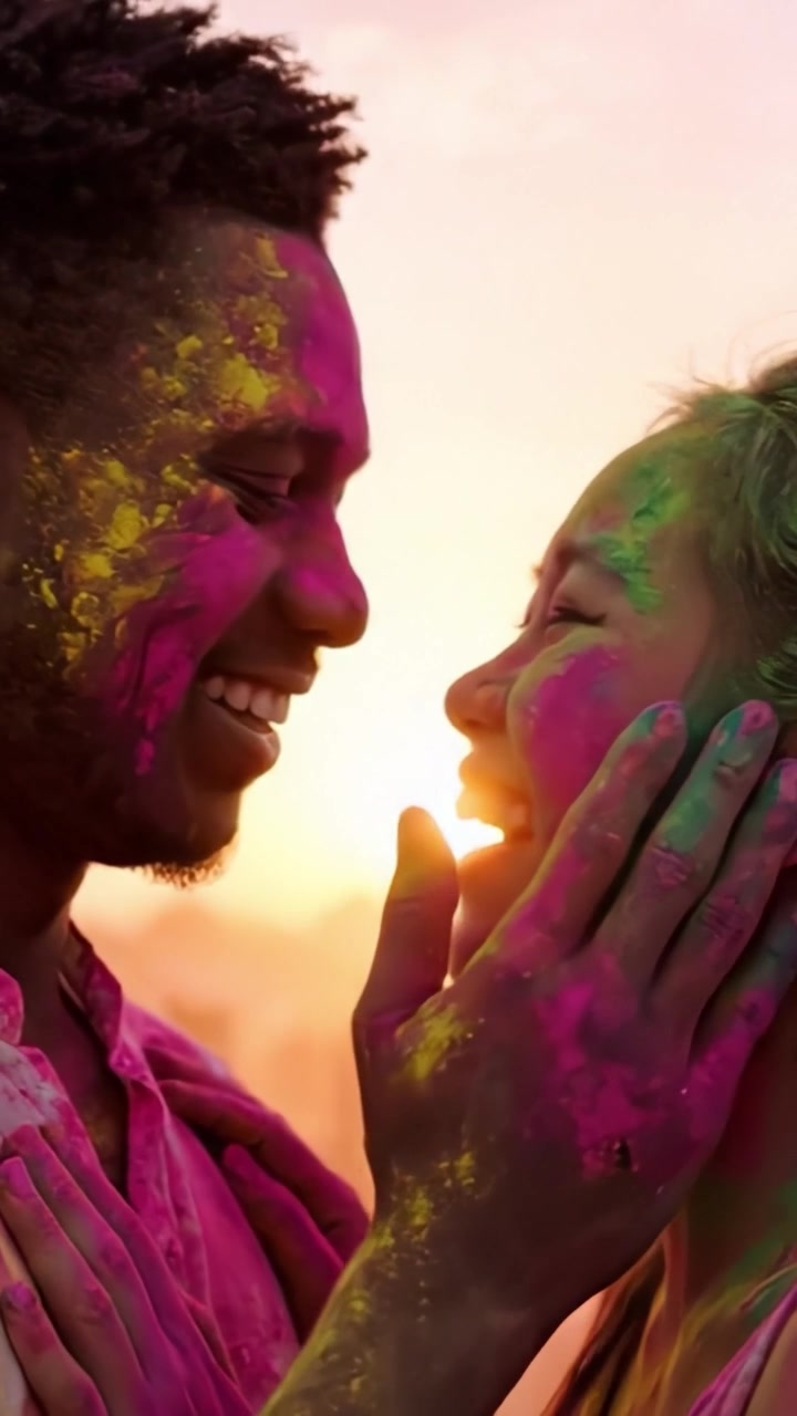 Gioiosa celebrazione dell'amore e connessione colorata tra due persone coperte di vivace polvere Holi, su uno sfondo di splendido tramonto.