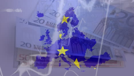 animation of data processing and waving eu flag over eu map against close up of euro bills