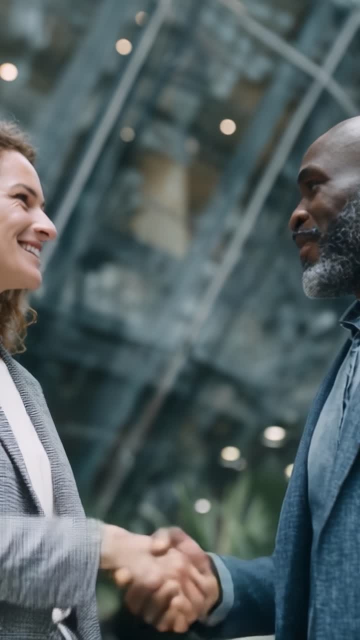 Conversazione coinvolgente: due professionisti che si scambiano una calorosa stretta di mano in un ambiente moderno, catturando l'essenza della collaborazione e del successo
