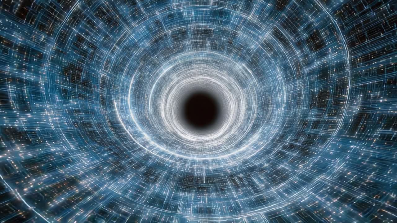 A Stunning Visual of a Hypothetical Black Hole Traverse Featuring Luminous Data Streams, Evoking Deep Cosmic Mysteries and Infinite Exploration Beyond Space and Time