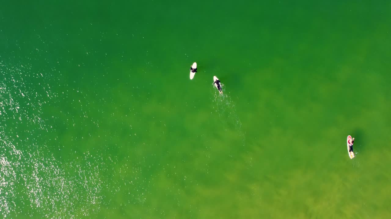 테리갈 해변 태평양 중부 해안 뉴사우스웨일스 호주 3840x2160 4k에서 노를 젓는 세 명의 서퍼의 드론 공중 풍경 샷