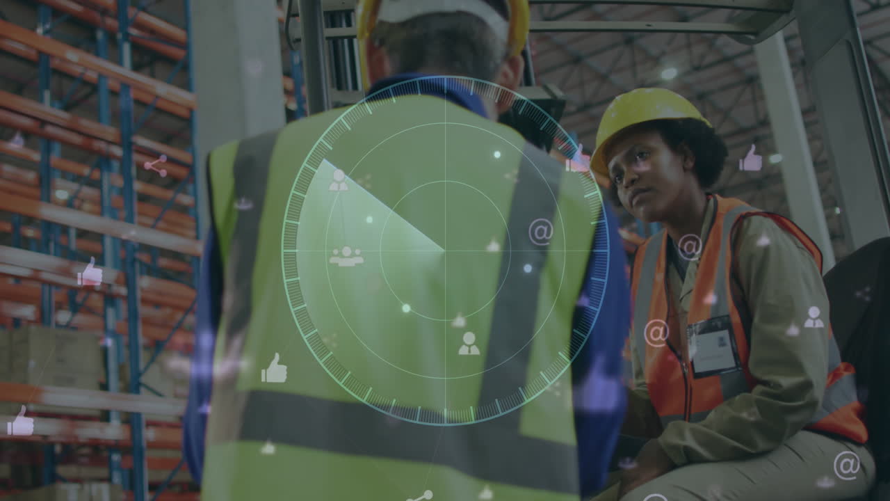 Animation of scope and data processing over diverse people working in warehouse