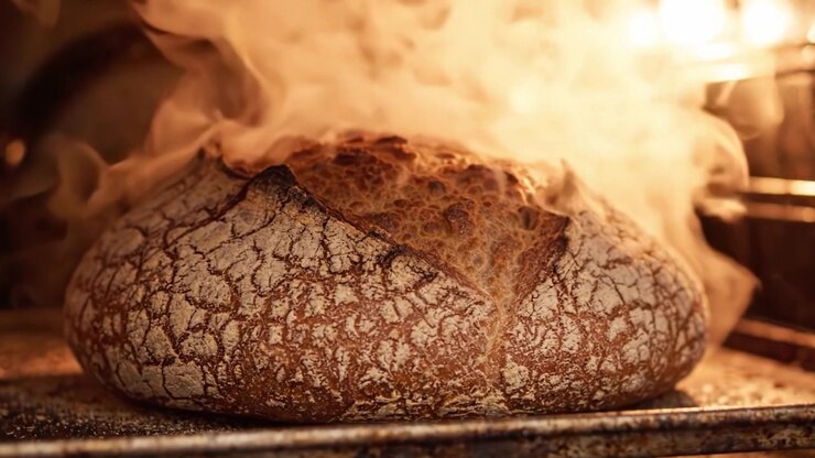 Captivating Images of Freshly Baked Bread in Oven, Capturing the Unique Texture and Steam Rising as It Complements the Beautiful Golden Crust