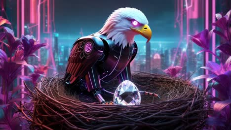 águila cibernética en un nido futurista