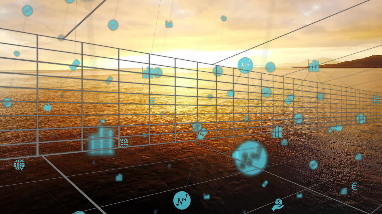 Animation of digital data icons floating over ocean at sunset, futuristic scene