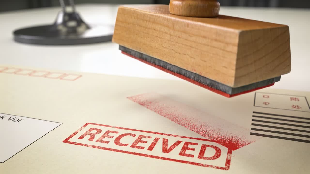 Aligning right hand then lowering wooden stamp onto desk form, pressing and leaving RECEIVED mark