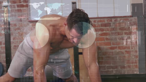 animación de procesamiento de datos estadísticos sobre hombre en forma caucásico haciendo ejercicio con kettlebell en el gimnasio