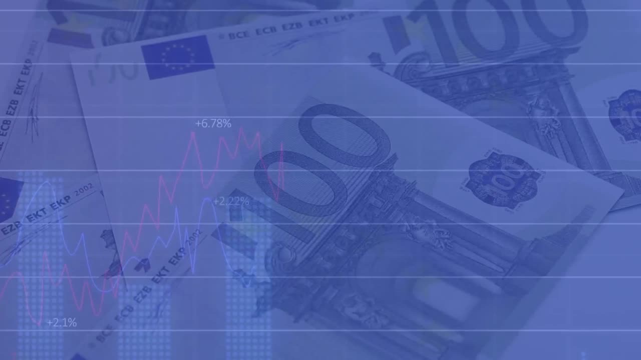 Animation of financial data processing over euro currency bills
