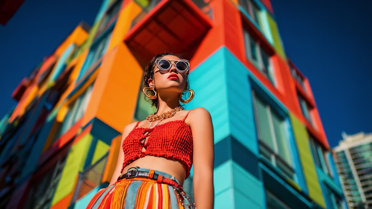 A Fashionable Young Woman Standing Confidently Against a Colorful Urban Backdrop that Showcases Bold Architecture and Vibrant Colors, Combining Elements of Style and Contemporary Artistry