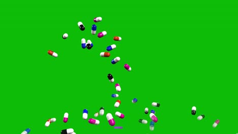 pills of various colors thrown upwards, falling down and bouncing, like jackpot, on green screen 3d animation