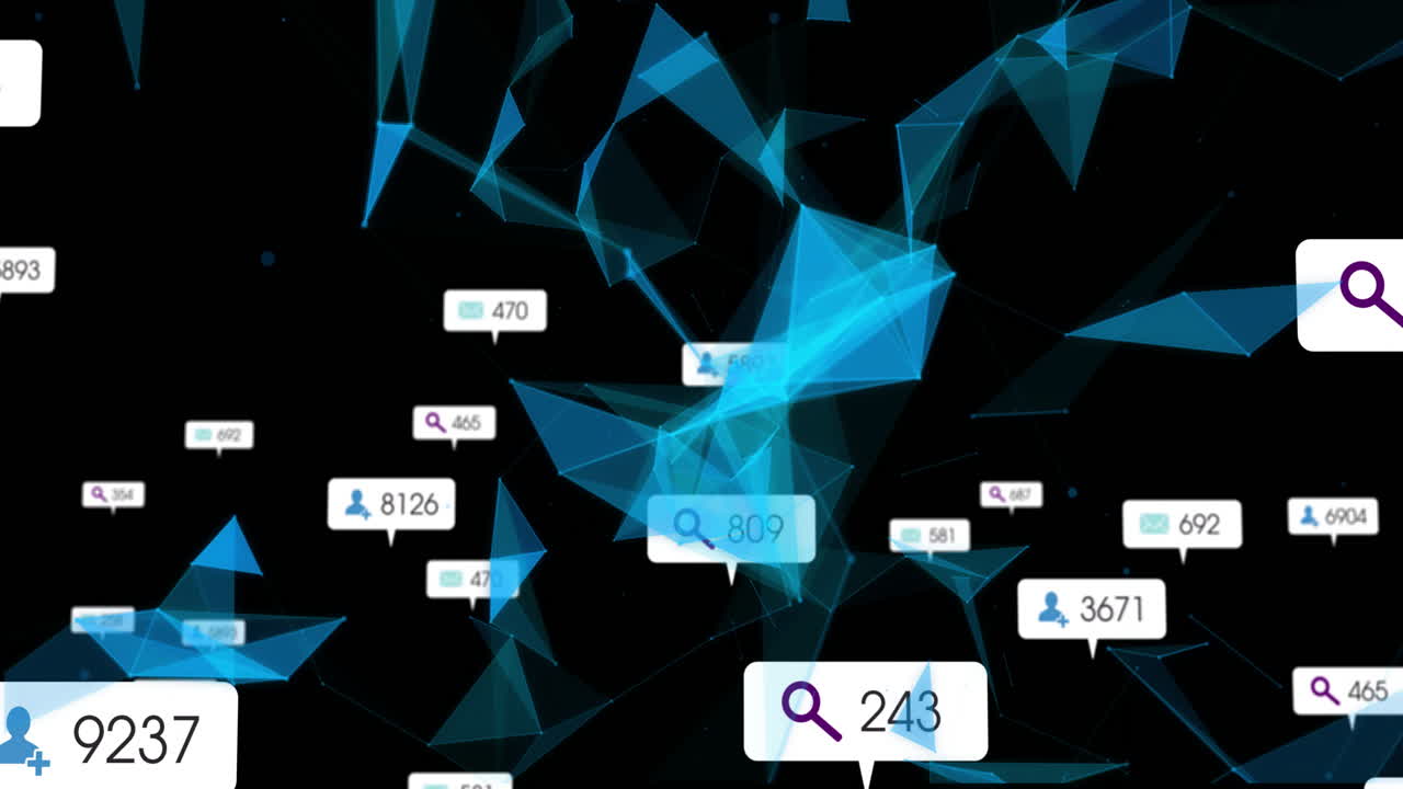 Animation of floating search and user icons over blue geometric shapes on black background
