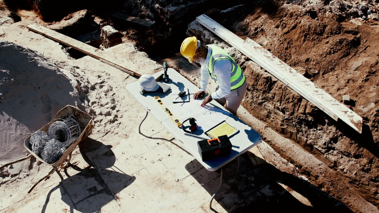 Construction Worker Reviewing Blueprints on Site