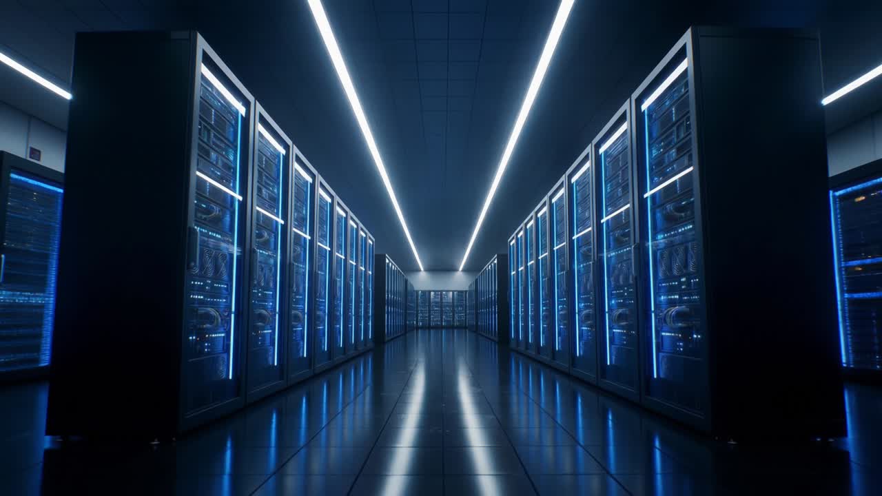 Rows of Server Racks Lighting Up in a Dark Data Center