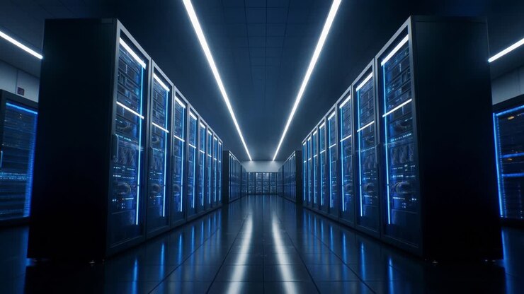 Serverrækker lyser op i et mørkt datacenter
