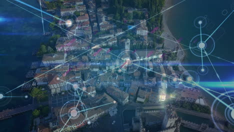 animación de líneas púrpuras y red de conexiones sobre el paisaje urbano
