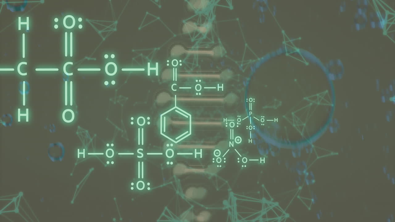 녹색 배경에 화학 공식과 연결을 가진 dna 가닥 위의 거품의 애니메이션
