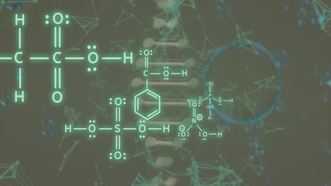 animación de burbujas sobre cadena de adn con fórmula química y conexiones en fondo verde