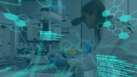 animación de procesamiento de datos científicos sobre una científica asiática en el laboratorio.