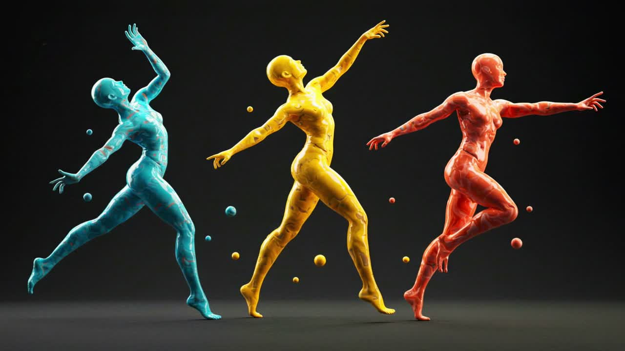 The sculptural dance performance brilliantly highlights an array of vibrant colors and dynamic movements, creating a captivating contemporary art display
