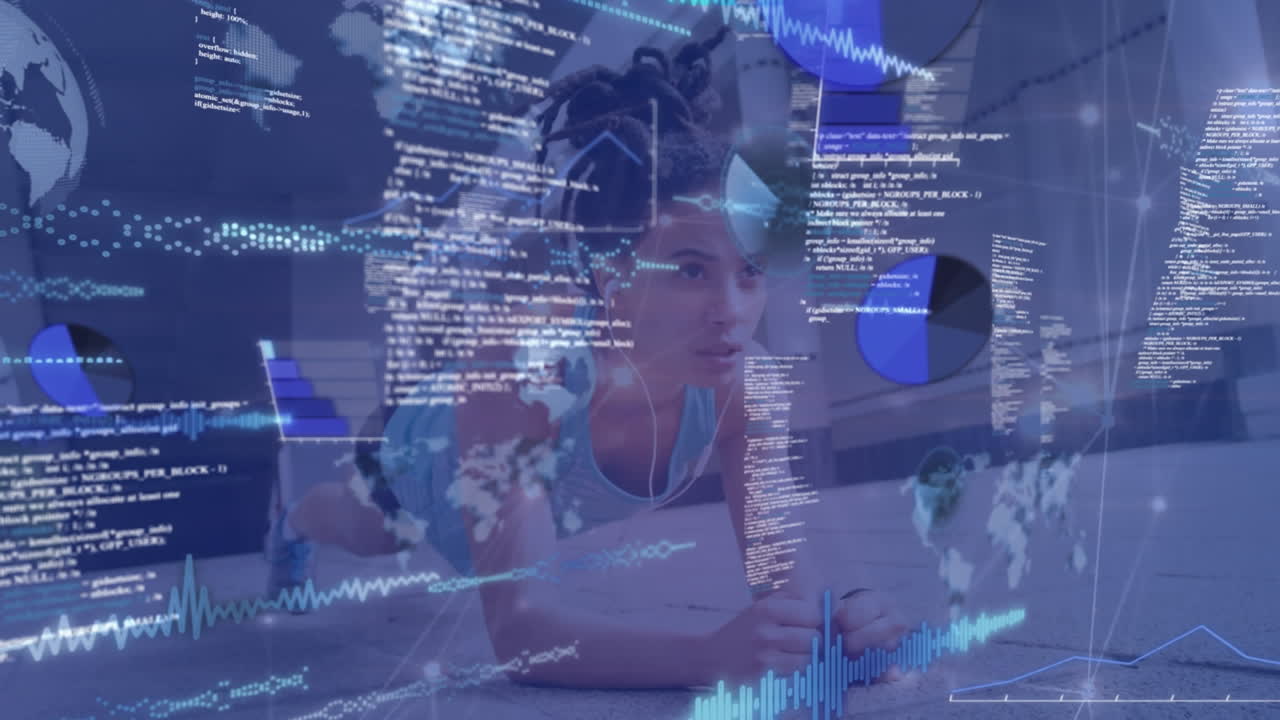 Animation of data processing over woman doing plank, exercising at home