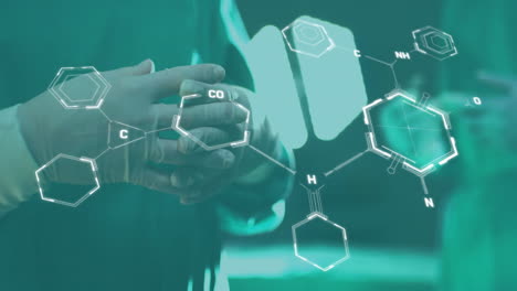 animation of chemical formula with data processing over diverse surgeons in operating theatre