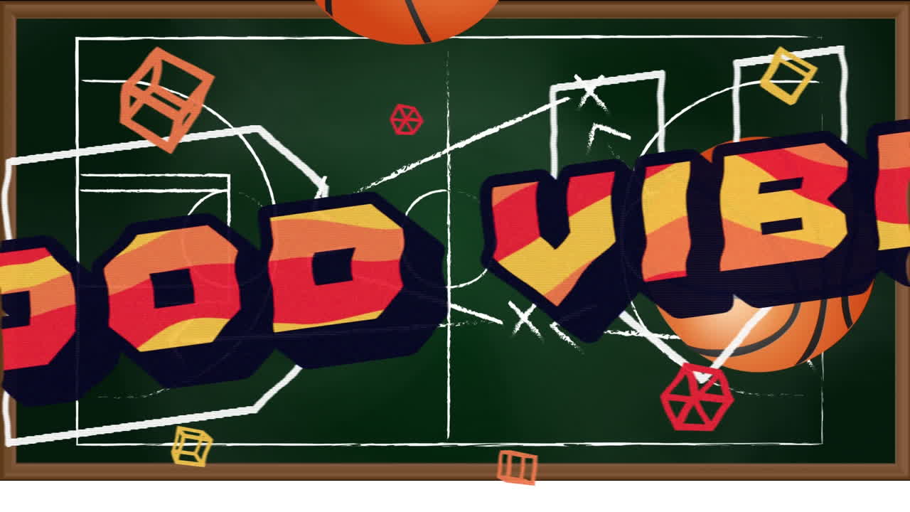 Animation of good vibes over basketballs on green background