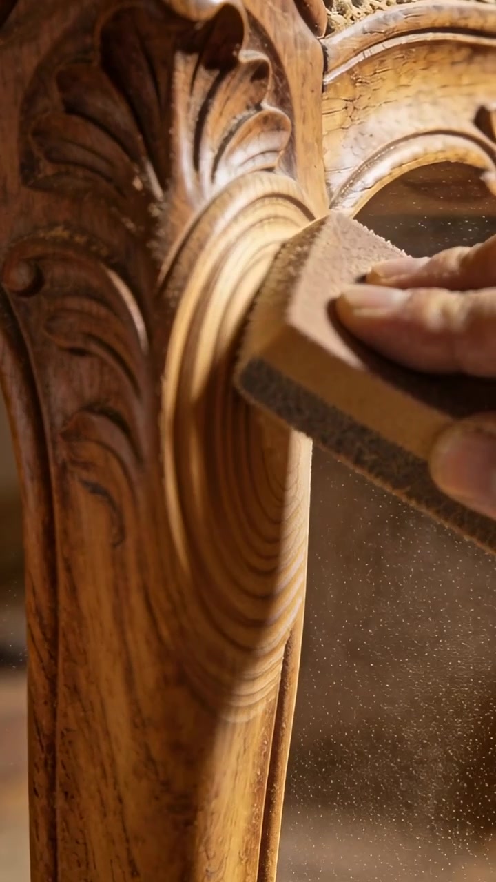 Vertical video: Placing sanding block bare hand sanding rosette at shop smoothing finish