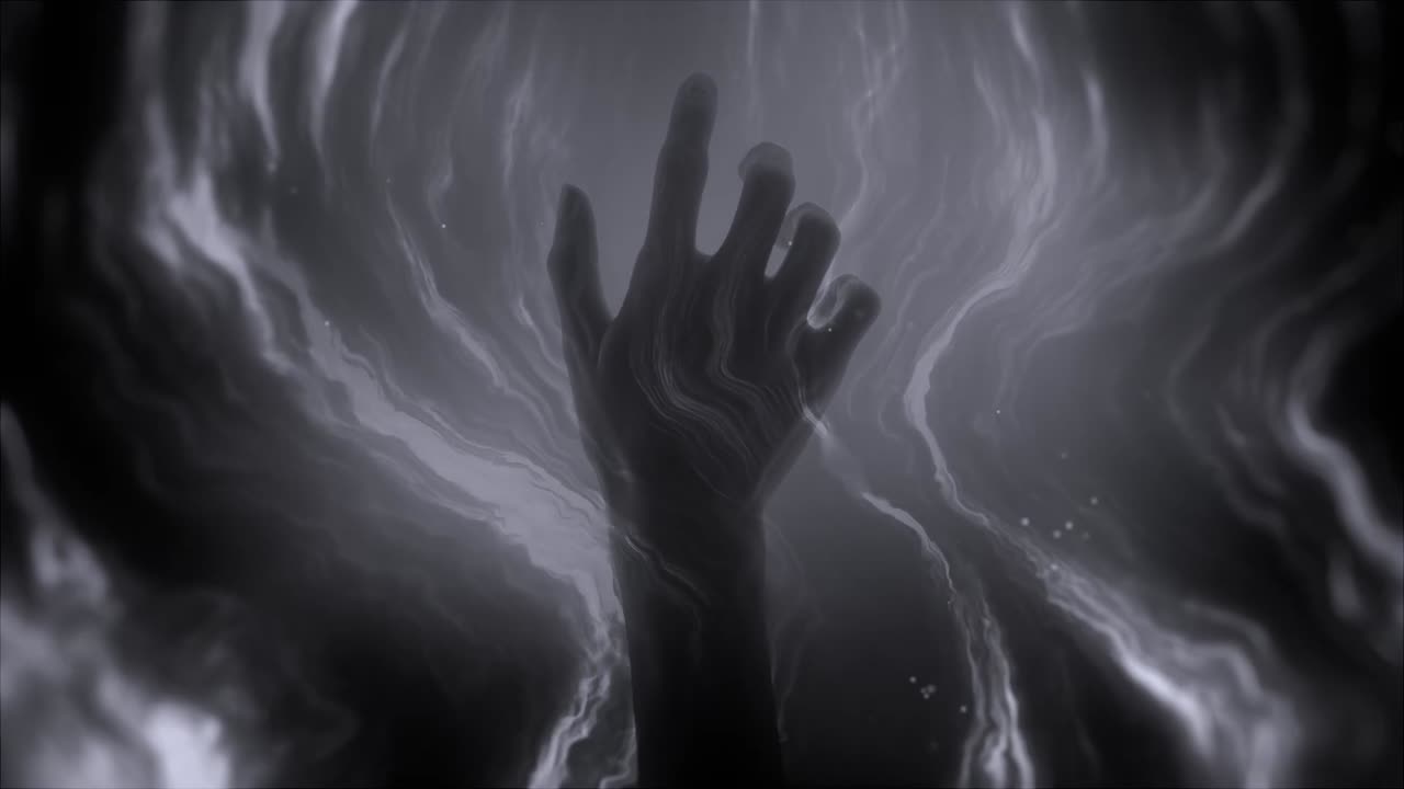 Mano monocromatica che si protende verso l'alto attraverso vortici astratti scuri