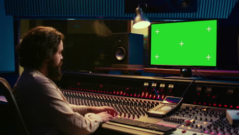experto en la edición de pistas de audio siguiendo la lección en línea en la pc de pantalla verde
