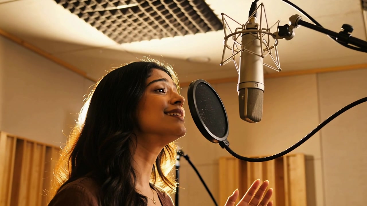 Vocalista indiana che inspira, canta in un microfono con filtro anti-pop, registra in una cabina vocale, con collana e top marrone.