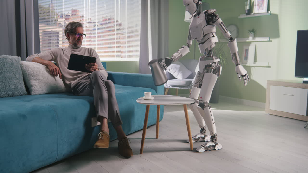 robot sirviendo café a un hombre en casa