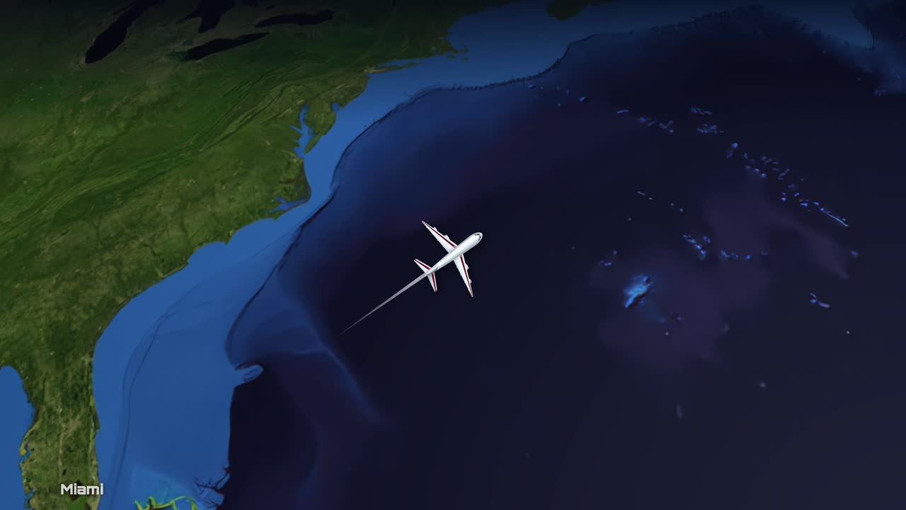 Satellitvisningsanimation følger et kommercielt fly, der flyver over Atlanterhavet mod Europa.