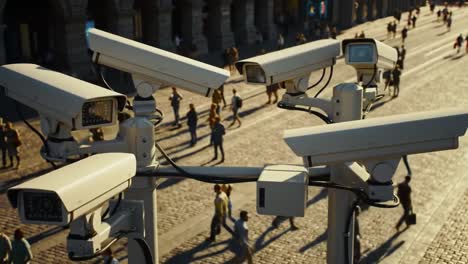 surveillance in a bustling urban environment: a series of security cameras monitoring pedestrians on a vibrant street at sunset