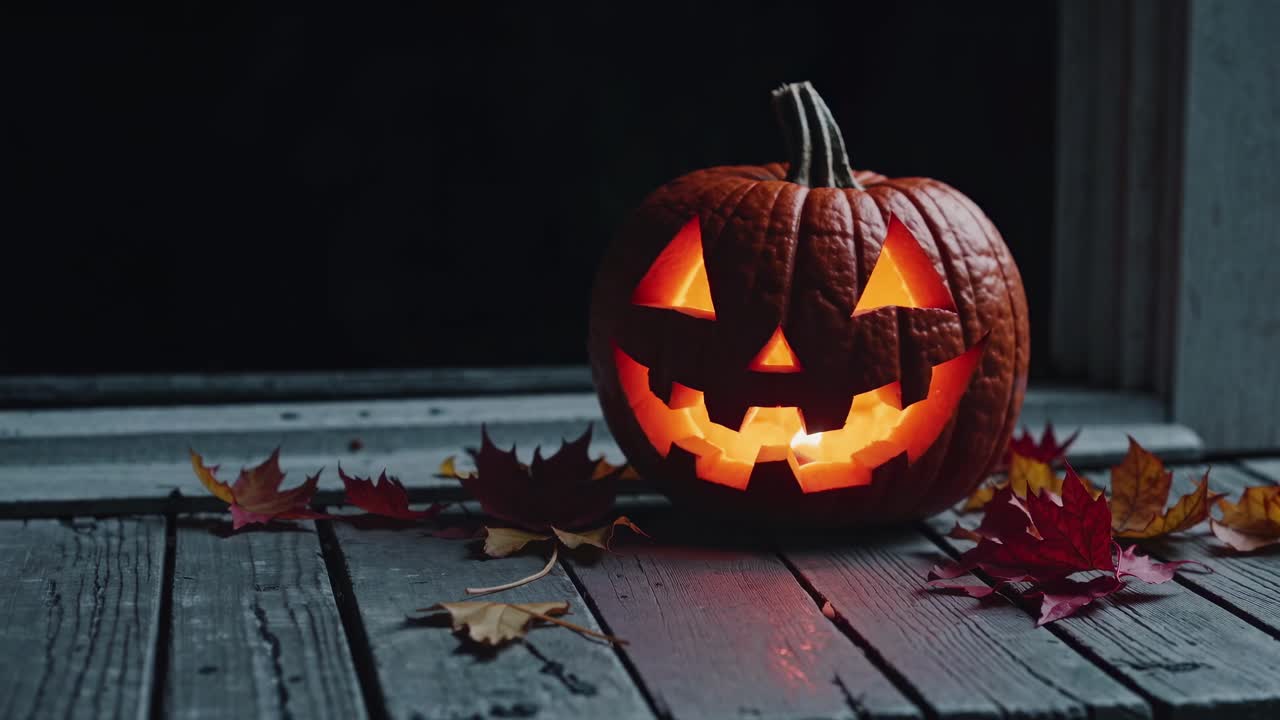 Low-angle shot of a glowing jack-o'-lantern on a wooden porch, surrounded by autumn leaves, perfect
